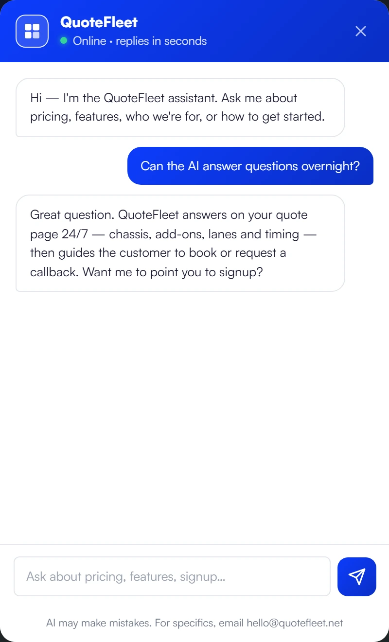 The QuoteFleet AI assistant answering a customer question in a live chat conversation